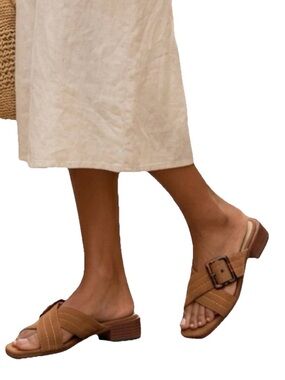 Chocolate Blu Breya Nubuck Quilted Suede Cross Strap Women’s Tan Sandals Size 7